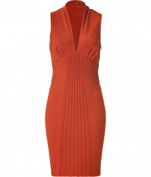 With its rich autumnal hue and modern pintuck detailing, Catherine Malandrinos copper sheath dress is a contemporary choice for both work and cocktails alike - Deep V-neckline, sleeveless, pleated bust, pintucked waist and front panel, hidden side zip - Form-fitting - Team with an oversized blazer and flawless pumps