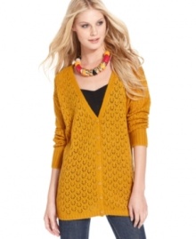 In a textured open-stitch knit, this Kensie cardigan is a perfect layering piece for fall!