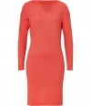 Detailed in a delicious shade of sorbet orange cashmere-silk, Ralph Lauren Blacks luxe knit dress is as uplifting as it is chic - Boat neckline, long sleeves, dropped shoulders, pull-over style - Form-fitting - Wear with heels and statement gold jewelry