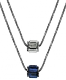 Double up. A duo of chains adorned with baguette barrels in blue and black add sophisticated style to this Kenneth Cole New York necklace. Crafted in hematite tone mixed metal. Approximate length: 16 inches + 3-inch extender.