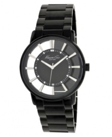 A sleek silhouette and translucent case make a strikingly contemporary impression on this watch by Kenneth Cole New York. Black ion-plated stainless steel bracelet and translucent case. Black dial features stick indices, luminous hands and logo. Quartz movement. Water resistant to 30 meters. Limited lifetime warranty.