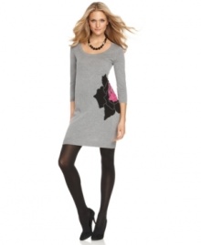 It's hip to wear Heather B's shapely sweater dress! The bold floral pattern gives this look a pop of color, too.