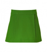 Stylish skirt in fine, pure apple green cotton - Densely woven, medium weight fabric hangs beautifully - A-line mini cut hits mid-thigh - Chic paneled pleat detail - Zips at back - Flattering and flirty, adds a touch of retro-tinged school girl chic to any ensemble - Pair with a crisp button down, an oversize cardigan or a tie neck blouse and sandals or loafers