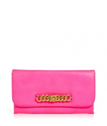 Stylish clutch of pink, soft leather - Classic, elongated shape in a practical size - Flap features decorative gold-colored chain element - Inside zip pocket - Pair with cocktail dress or skinny jeans, sexy tank and heels