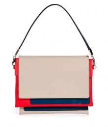 Detailed in a contemporary mix of smooth and textural contrast-hued leathers, Jil Sanders colorblocked clutch is a cool choice perfect for adding a punch of color to your outfit - Two sectional flap pockets, outside flap with embossed logo and hidden magnetic snap, removable handle in tonal metallic blue leather, stitched back slot pocket - Wear with monochrome separates and streamlined nude accessories