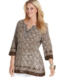 Look gorgeous in a global print with Charter Club's three-quarter sleeve plus size top, accented by an embellished neckline.