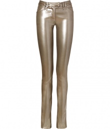 Fashion-forward looks get an ultra futuristic edge in Plein Suds shimmering metallic stretch skinnies - Front slit pockets, hidden hook and button closures, belt loops, extra form-fitting - Play with textures and pair with chunky modern knits and sleek suede ankle boots