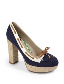 THE LOOKA collaboration with Milly and Sperry Top-SiderContrast patent leather trim at vamp and toplineLeather strap weaves through grommets at toplineLeather bow with metal M charmPadded insoleJute heel, 4½(115mm)Jute platform, 1(25mm)Compares to a 3½ heel(90mm)THE MATERIALCanvas upperLeather, patent and jute trimRubber soleORIGINImported