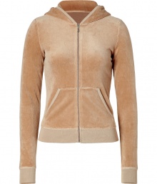 Stylish zip-up hoodie in fine honey brown cotton and poly blend - A true classic from LA cult label Juicy Couture - Super-soft velour fabric - Slim, fitted silhouette cut to hit at the waist - Front scoop pockets - Sexy but casual, ideal for leisure and relaxing - Pair with velour track pants, skinny denim or cords