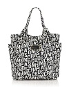 MARC BY MARC JACOBS' signature jumble-print logo lends this chic nylon tote a touch of whimsical flair. Oversized silhouette with double tied shoulder straps and concealed magnetic closure. Side exterior pockets. Interior zip, cell phone and additional pockets. Finished with a logo plaque at the front. Lined.