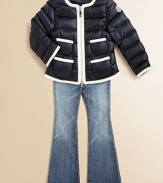 Haute couture style with classic contrast trim combines with down warmth in a perfect winter jacket for a young fashionista.Round necklineQuilted puffer body and sleevesTwo-way front zipperLong sleeves, one with appliquéd logoFour front patch pocketsStraight, slightly cropped hem90% down/10% feather fillFully linedNylonMachine washImported