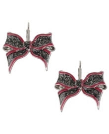 The perfect finishing touch to a lovely package. Betsey Johnson's drop earrings pretty up your look with a bow silhouette embellished with black and pink accents. Crafted in silver tone mixed metal. Approximate drop: 1 inch.