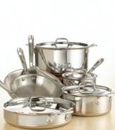 Elite culinary craftsmanship, beautifully bonded with an exposed copper strip. This cookware set combines the unrivaled heat conductivity of copper with the cleaning ease of stainless steel. It's a carefully guarded All-Clad innovation that no other cookware can match. Lifetime warranty.