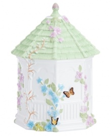 Sweet spot. Embossed with the butterflies and blooms of the beloved Lenox dinnerware pattern, this elaborate Butterfly Meadow cookie jar is shaped like a gazebo and full of whimsical detail. Qualifies for Rebate