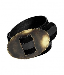 Luxe belt in fine, ultra-supple two-tone black suede and lambskin - Serrated-edge leather strip and oversize, oval brass buckle have an elegant, antique look - Rustically chic, the perfect compliment to bohemian basics - Pair with a tunic top or blouse and slim pants or a maxi skirt