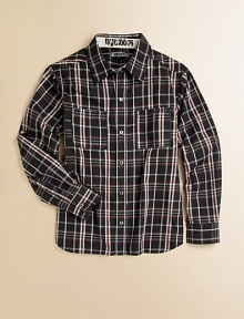 Your little guy will look handsome in this plaid long-sleeve shirt with dual chest pockets. Point collarLong sleeves with button cuffsButton frontFront patch pocketsCotton/polyesterMachine washImported