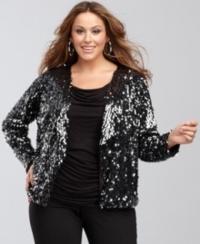 You'll shine like the star you are in INC's sparkling pailette-covered plus size jacket. Wear it like a cardigan and layer it with a lacy tank or silky shell!