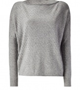 Stylish pullover in fine grey wool and cashmere blend - All-over pointelle detail - Easy drape fit, hits at hip - Long, fitted sleeves - Ribbing at cuffs and back hem - Flattering boat neckline - Slightly longer in the back - A chic, versatile wardrobe go-to - Pair with skinny jeans and ankle boots or a leather skirt and opaque tights