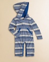 A precious little one-piece for baby in a snap-front silhouette with an attached hood. V-neckAttached hootLong sleevesFront kangaroo pocketsSnap front and bottomPolyester/rayonMachine washImported