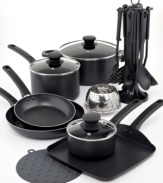 A family favorite! Make meals to feed the masses with this comprehensive set of aluminum crafted cookware that heats quickly, evenly and like a real pro. A nonstick, dishwasher-safe finish welcomes low-fat, hassle-free cooking into your kitchen, while a stocked utensil holder covers all the bases of prep. Lifetime warranty.