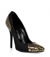 Bring trend-right style to your favorite ensembles with these brass-detailed pumps from Parisian It label Balmain - Pointed toe with python brass detail at toe and heel, super high stiletto heel - Style with figure-hugging skinnies, an asymmetrical hem top, and a draped front leather coat for edgy-cool style