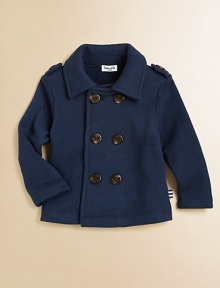 A seafaring-style coat in a classic silhouette with anchor-motif buttons.Point collarDouble-breasted button frontTab epaulettes with buttonsLong sleeves50% cotton/50% polyesterMachine washImported Please note: Number of buttons may vary depending on size ordered. 