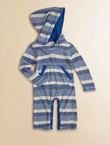 A precious little one-piece for baby in a snap-front silhouette with an attached hood. V-neckAttached hootLong sleevesFront kangaroo pocketsSnap front and bottomPolyester/rayonMachine washImported