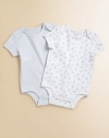 A pack of two adorable bodysuits rendered in ultra-soft printed cotton jersey.Envelope necklineShort sleevesBottom snapsPrinted tag to prevent skin irritationCottonMachine washImported Please note: Number of snaps may vary depending on size ordered. 