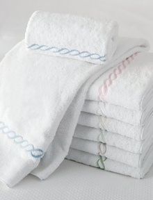 Plush, soft, luxurious Egyptian cotton, with a graceful embroidered chain border.13L X 13W Cotton Machine wash Made in USA