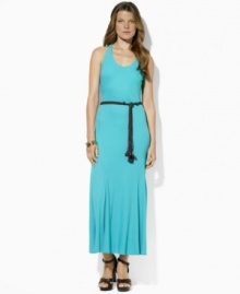 Lauren by Ralph Lauren's sleek jersey maxi dress is crafted with a modern racerback, a chic full skirt and a belt.