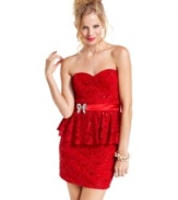 A fiery hue adds Lolita-like allure to this totally festive lace peplum dress from Roberta!