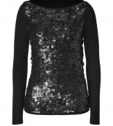 Ultra modern with cool oversized leather sequins, Plein Suds embellished top lends an edge of urbane glamour to your outfit - Boat-neckline, long sleeves, oversized black sequined front - Fitted - Wear with slim-fit trousers, edgy ankle boots and a sleek leather clutch