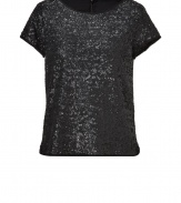 Inject an edge of understated glamour into your look with Zadig & Voltaires cool shimmering sequined tee - Round neckline, short sleeves, slit sides, longer back, black raw finished trim throughout, tonal black sequins, hidden zip at nape - Slim straight fit - Wear with everything from jeans and leather boots to pencil skirts and heels