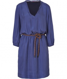 With its exquisitely soft Mulberry silk and rustic woven leather sash, Burberry Brits iris blue dress is a cool way to dress up your daytime looks - V-neckline, bracelet-length sleeves with elasticized cuffs, braided leather front sash, elasticized waistline, side slit pockets - Loosely fitted - Wear with flats and a classic leather tote