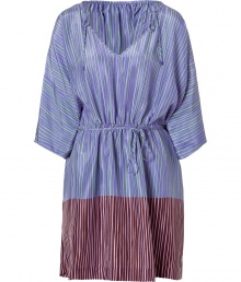 Luxe caftan in fine, pure colorblocked purple printed silk - Supremely soft, lightweight material - Perennially chic, contrast stripe motif - Deep v-neck and wide, 3/4 sleeves - Gathered, drawstring waist and tie detail at shoulders - Relaxed cut, hits mid-thigh - Perfect for the beach, holidays and leisure - Pair with a bikini, flat sandals or wedges and a raffia tote