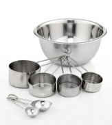 Avoid a great mix-up! Including a mixing bowl & essential measuring cups & spoons, this set of dishwasher-safe kitchen classics simplifies prep & guarantees a precision approach to each & every recipe. Plus, each stainless steel piece adds a refined elegance to the busiest space in your house. Limited lifetime warranty.