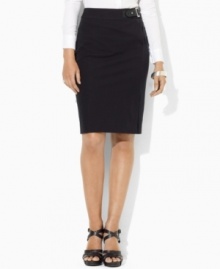 A heritage-inspired faux-leather buckle at the waist updates Lauren by Ralph Lauren's classic pencil skirt silhouette, crafted in sleek stretch twill.