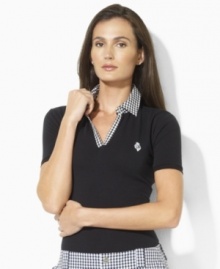 A preppy gingham collar and Ralph Lauren's signature LRL-monogrammed crest give this super-soft stretch cotton Lauren by Ralph Lauren polo a chic finish for a stylish yet sporty look.