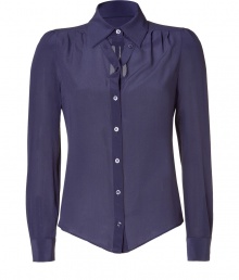 Elegant long sleeve blouse in ultra-fine purple silk - Sexy Y at collared neckline reveals a hint of d?colletage - X fabric detail at nape of neck - Slim fit, hits at waist - Traditional button closure - Very slightly sheer, perfect for layering with a silk or lace tank top - Wear with jeans for a more casual look or pair with a pencil skirt for extra polish