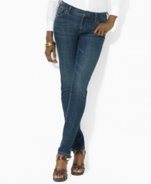 A chic skinny silhouette lends contemporary polish to Lauren Jeans Co.'s classic denim jean, rendered with a hint of stretch for a flattering fit.