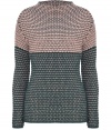 Stylish chunky-knit sweater in fine wool - Trendy color-blocking in green and pink - Features mock collar, slim, fitted shape with long sleeves - Comfortable length to just above the buttocks - Favorite piece for colder days - Looks great with jeans and ankle boots