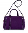 Finish you daytime look on an exquisitely luxe note with Salvatore Ferragamos radiant purple python trimmed Marilyn bag - Top zip with side logo lock, removable shoulder strap, key attached to handle, chocolate leather lining, inside zippered back wall pocket, two front wall slot pockets - Team with ladylike looks for work, or carry to cocktails with dressy tailored sheaths