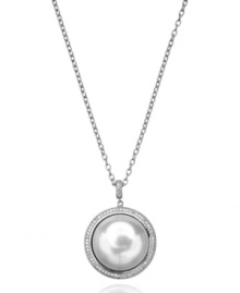 Lustrous and lovely. The natural beauty of a freshwater pearl (18 mm) is enhanced by sparkling cubic zirconias (1 ct. t.w.) on this pendant necklace from CRISLU. Crafted in platinum over sterling silver. Approximate length: 16 inches + 2-inch extender. Approximate drop: 1 inch.