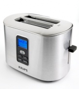 This elegant toaster from Krups – housed in stylish brushed stainless steel – will soon become a fixture in your kitchen, helping you make crisp, perfectly prepared toast with its convenient LCD screen countdown function. One-year warranty. Model TT6190.