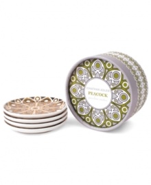 A stylish perch for hot and cold drinks, Jonathan Adler's Peacock coasters feature a bold black and gold graphic design on high-fired porcelain.