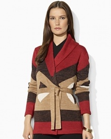 A bold geometric pattern and linen construction create a chic wrap cardigan, crafted with a heritage shawl collar.