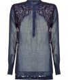 This lace-embroidered top infuses your look with stylish appeal - Stand collar, front button half-placket, lace detail at shoulders, side panels, and back hem, asymmetrical hem, long cuffs - Pair with skinny cropped jeans, a blazer, and platform pumps