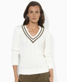 Sporty stripes at the neckline give Lauren Ralph Lauren's sleek cotton knit sweater a hint of athletic edge for a woman on the go.