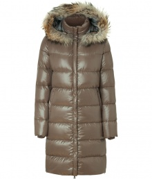 Stay warm while maintaining your impeccable style in this lightweight yet luxe down jacket from Duvetica - Fur-trimmed hood, stand collar, concealed front two-way zip closure, long sleeves, zip pockets, quilted, mid-thigh length - Wear with an elevated jeans-and-tee ensemble and shearling lined boots