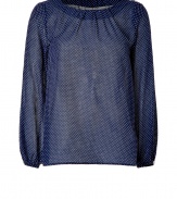 With its breezy sheer cotton-silk blend and sweet polka dot patterning, Band of Outsiders loosely draped top is a fun choice for spring sophistication - Wide gathered neckline, long sleeves, gathered buttoned cuffs, buttoned shoulder seam - Loosely draped fit - Wear with skinnies and bright leather flats